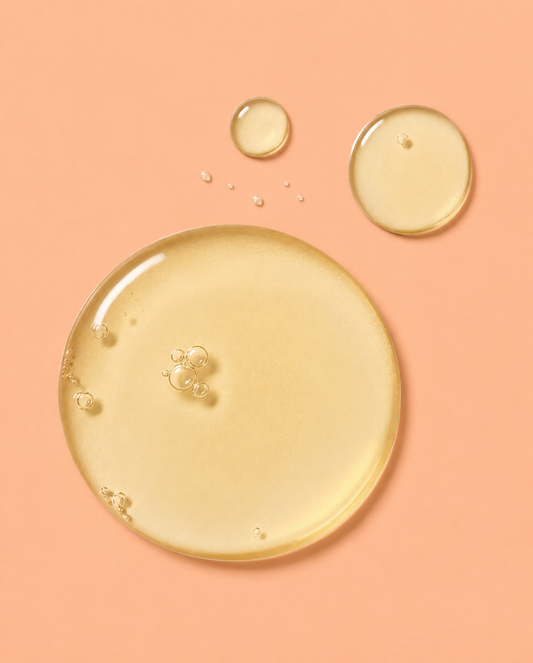 A glossy, translucent droplet of pale yellow rosehip oil or serum on a solid peach-pink background, with two smaller droplets above it.
