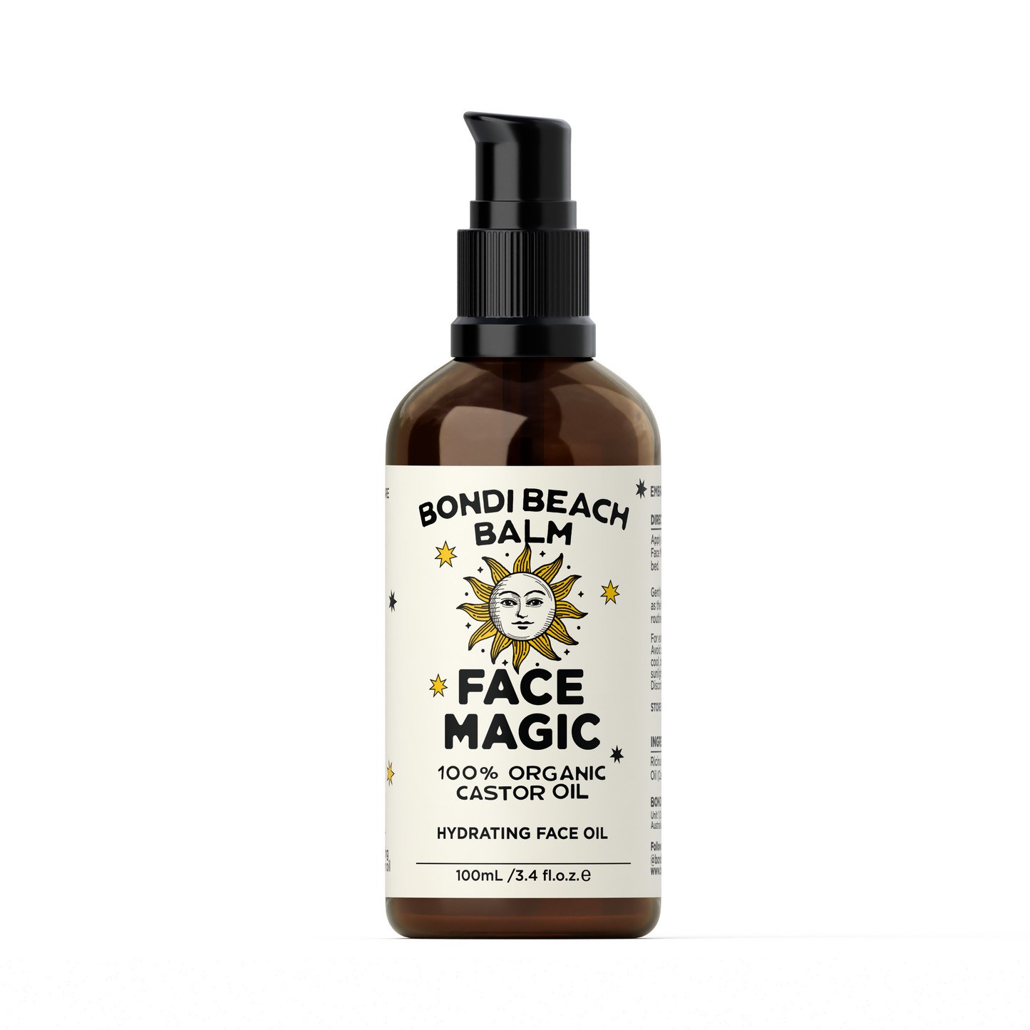 Brown bottle of Bondi Beach Balm Face Magic face oil on a white background