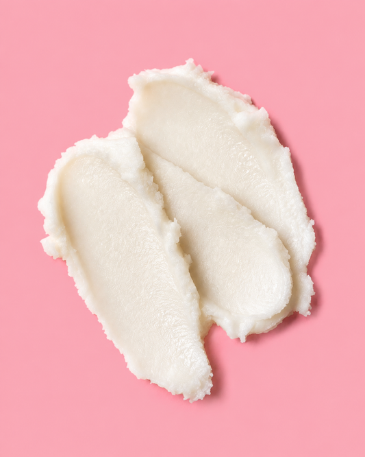 Shea butter and beeswax shown on a solid pink background.