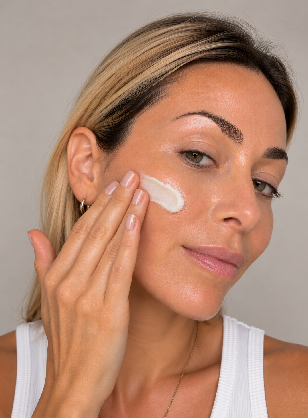 A close-up of a woman with blonde hair applying a shea butter to her cheek, wearing a white ribbed tank top against a neutral gray background.