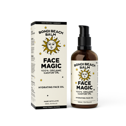 Bondi Beach Balm Face Magic organic castor oil packaging and bottle on a white background